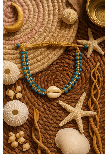 El Yapımı Deniz Kabuğu Detaylı Mavi Boncuklu Bileklik