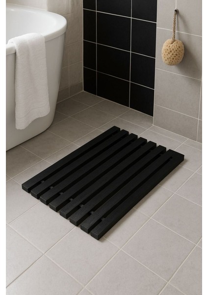Katlanabilir Ahşap Kaydırmaz Banyo Paspası, Siyah, Şık ve Pratik Kullanım