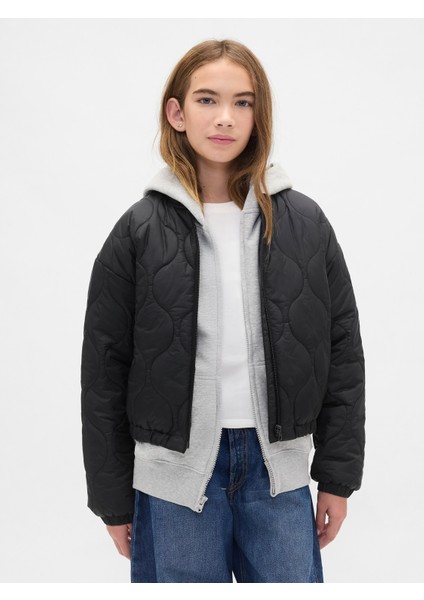 Kız Çocuk Siyah Lightweight Kapitone Puffer Şişme Ceket