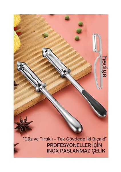 Hsnet 2 Bıçaklı Inox Paslanmaz Çelik Sebze Soyacak | Düz ve Tırtıklı Bıçak | Çok Amaçlı Kullanım