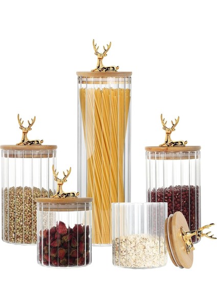 Cam Saklama Kavanozu Seti, 5 Parça, Bambu Kapaklı, 1200ML/950ML/630ML, Mutfak Gıda Saklama Kabı