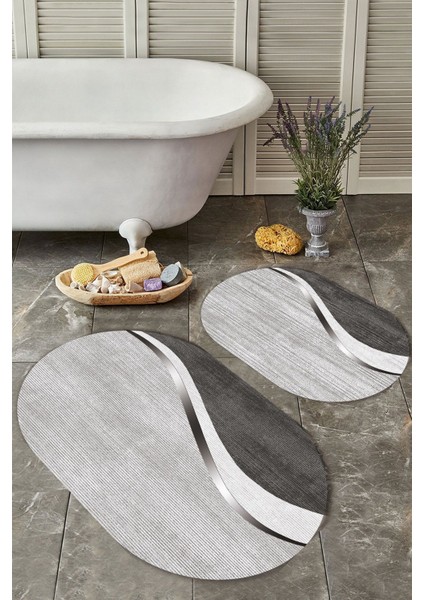 Gri 2'li Oval Banyo Paspas Takımı, Kaymaz Taban, Yıkanabilir, Toz ve Leke Tutmaz