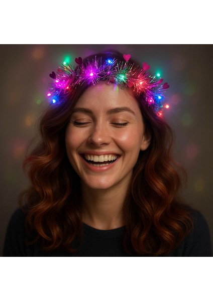 Kalp Püsküllü Gece Parıltısı 3 Modlu Led&apos;li Işıklı Taç Fuşya Renk (5067)