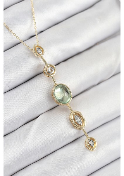 Bfs Pirinç Zincir Yeşil Gold Renk Zirkon Taşlı Y Kolye