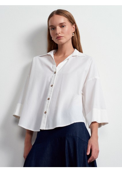 50529 %100 Pamuk Geniş Kollu Poplin Gömlek-Beyaz