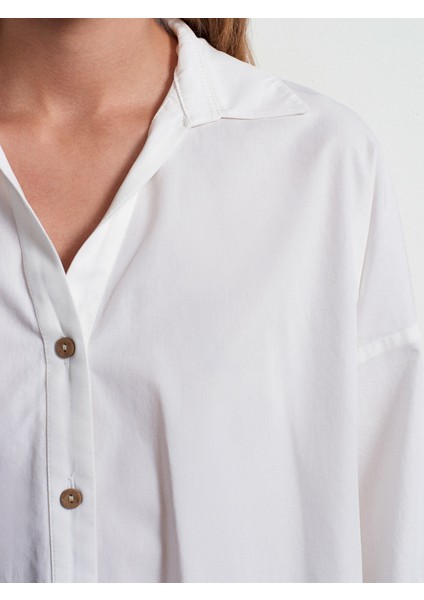 50529 %100 Pamuk Geniş Kollu Poplin Gömlek-Beyaz fırsatları