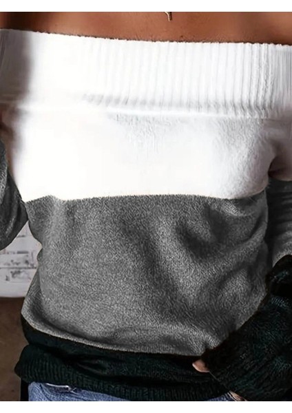 Kadın Uzun Kollu Omuzlardan Açık Uzun Kollu Blok Çizgili Triko Bluz fiyatları