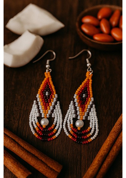 El Yapımı Sonbahar Tonlarında Inci Detaylı Boncuk Küpe