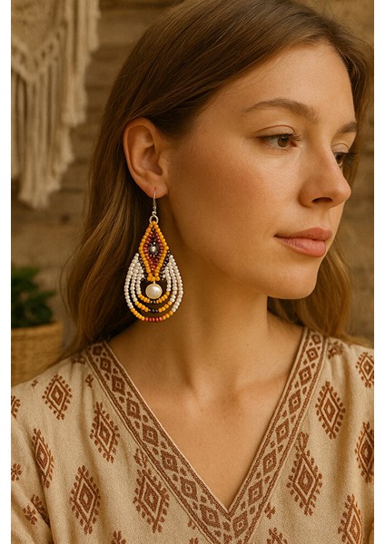 El Yapımı Sonbahar Tonlarında Inci Detaylı Boncuk Küpe fiyatları