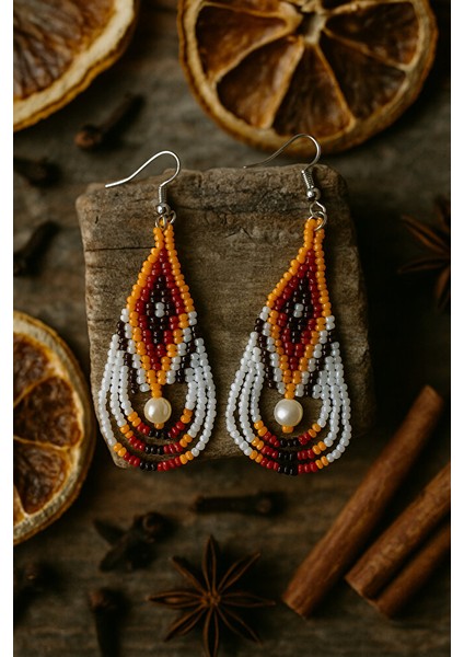 El Yapımı Sonbahar Tonlarında Inci Detaylı Boncuk Küpe modelleri