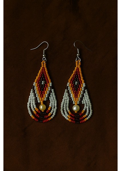 El Yapımı Sonbahar Tonlarında Inci Detaylı Boncuk Küpe