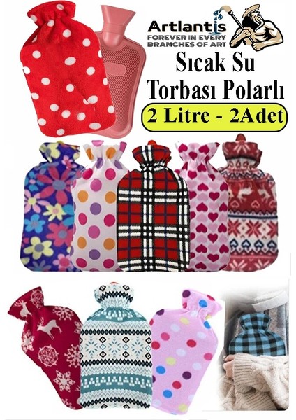 Sıcak Su Torbası 2 Adet 2 Litre Renkli Polar Yıkanabilir Kılıflı Su Torbası Karın Bel Ayak Ağrı Kauçuk Sevimli