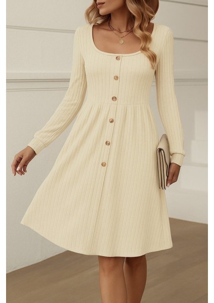 Kadın Uzun Kollu Kare Yaka Düğmeli Kısa Şardonlu Iki Iplik Mini Elbise fiyatları