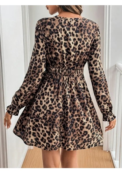 Kadın Uzun Kollu V Dantel Yakalı Leopar Desenli Modal Mini Elbise fırsatları