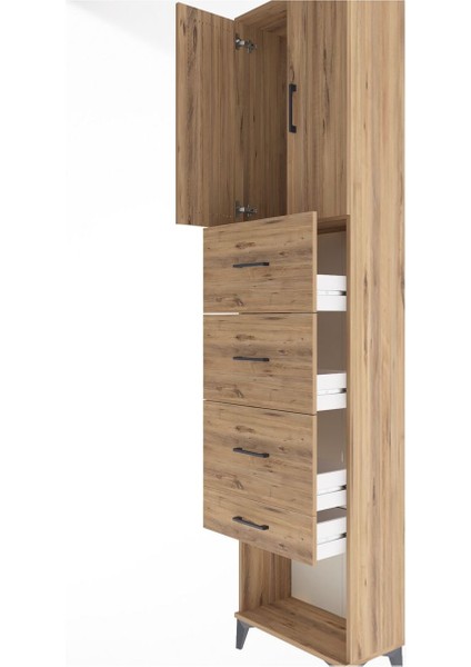 Arges Dolap Tek Raflı 4 Çekmeceli 2 Kapaklı 60X30X243 Çam-Çam indirimleri