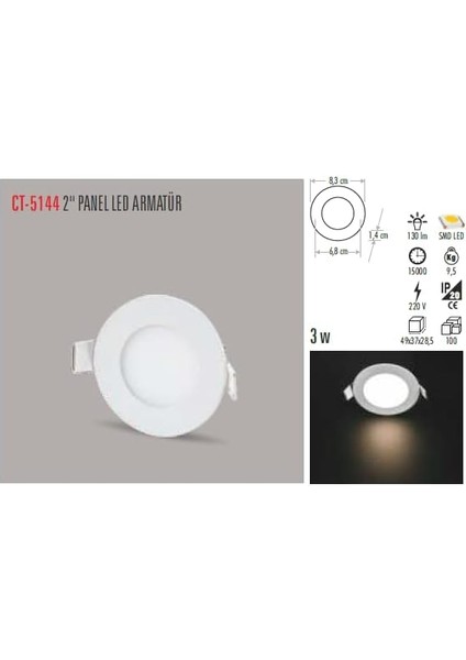 CT-5144-G Panel LED Slim Yuvarlak Spot 3 W 3000K Gun Işığı Beyaz Gövde