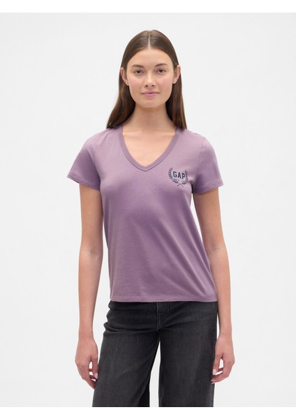 Kadın Koyu Lila V Yaka T-Shirt