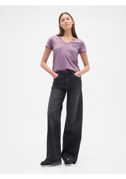 Kadın Koyu Lila V Yaka T-Shirt indirimleri