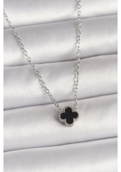 Bfs 316L Çelik Gümüş Renk Siyah Yonca Model Kadın Kolye