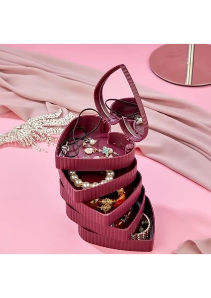 Çizgili Desenli Kalpli Mina 5 Katlı Aynalı Takı Organizeri Aynalı Takı Organizeri modelleri