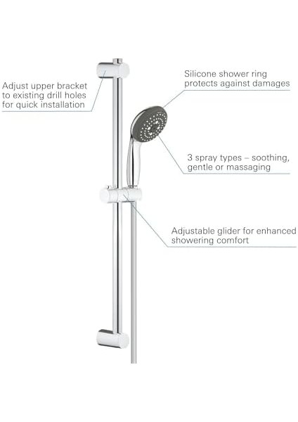 Start 100 Sürgülü Duş Seti, 600 mm Sürgülü Ray, 100MM El Duşu 3 Akışlı, 1750 mm Duş Hortumu, Kireç Önleyici Sistem, Duş Başlığı, Krom, 26032000 modelleri