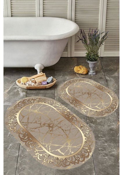 Kaymaz Tabanlı Oval Banyo Paspas Takımı, Yıkanabilir ve Leke Tutmaz, 2'li Set