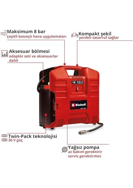 Akülü Çanta Tipi Kompresör Te-Ac 36/8 Li Of Set-Solo Power X-Change (36 V, Maks. 8 Bar, Yağsız, 130 L/dk Emiş Kapasitesi, 3-Parçalı Adaptör Seti Dahildir, Akü ve Şarj Cihazı Dahil Değildir) modelleri