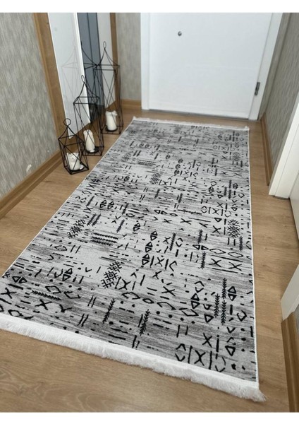 Desenli Saçaklı Üç Boyutlu Gri Yıkanabilir Kabartmalı Kaymaz Halı modelleri