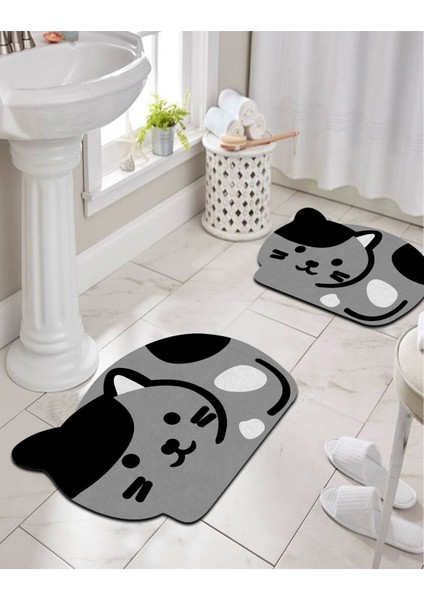 Sevimli Kedicik Desenli Kaymaz Banyo Paspası Ikili Set, 40X60 ve 60X100 Boyutlu