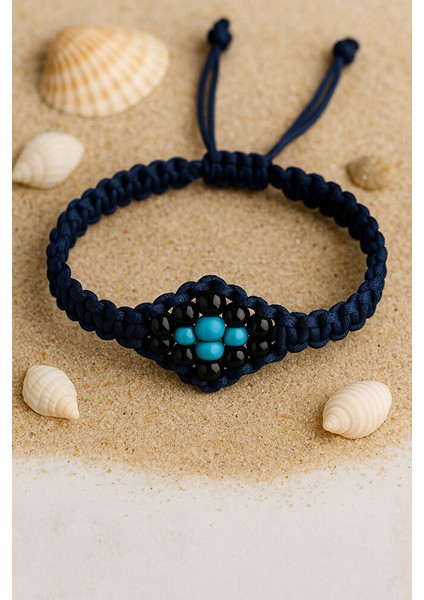 Erkek Kadın Makrome Bileklik – Lacivert Ip & Turkuaz–siyah Boncuk