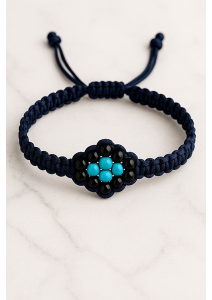 Erkek Kadın Makrome Bileklik – Lacivert Ip & Turkuaz–siyah Boncuk fiyatları