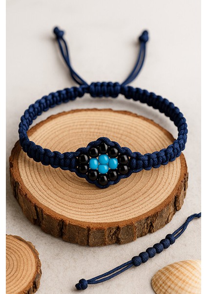 Erkek Kadın Makrome Bileklik – Lacivert Ip & Turkuaz–siyah Boncuk fırsatları