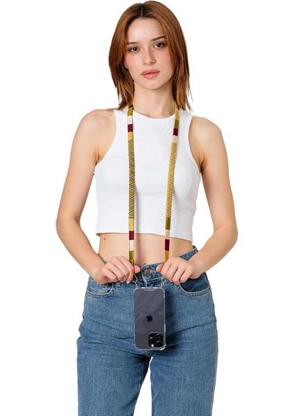 Mustard El Örgüsü Yassı Telefon ve Çanta Askısı