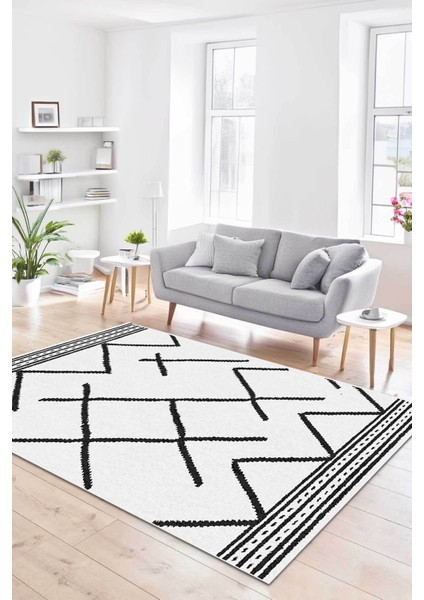 Yıkanabilir Kaymaz Beyaz Siyah Çok Amaçlı Halı, Salon, Mutfak ve Balkon Için Uygun