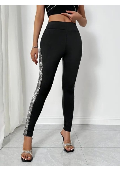 Aknbutik Kadın Yüksek Bel Yarı Şerit Pul Payetli Dalgıç Tayt fırsatları