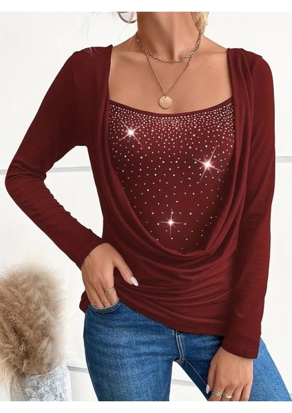 Kadın Uzun Kollu Derin Degaje Yakalı Taşlı Sandy Bluz modelleri