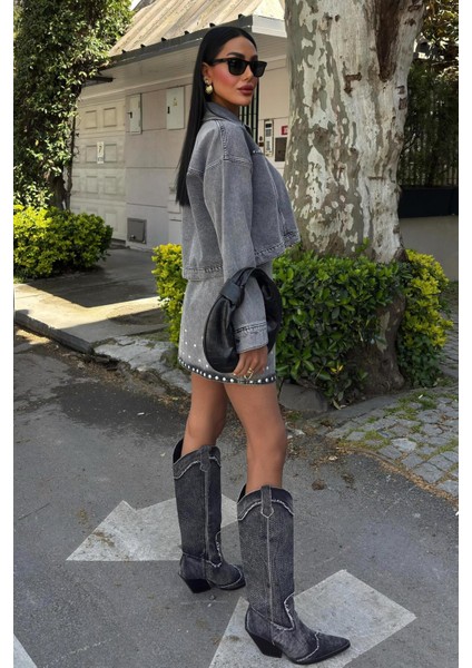 Nouvelle Taş Detay Denim Takım -Siyah