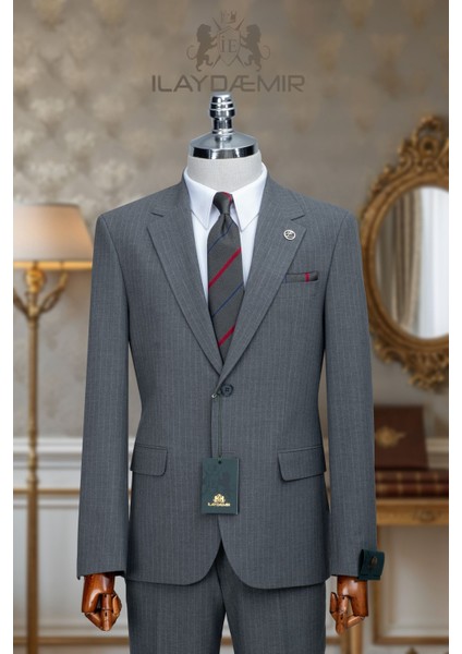 Özel Tasarım Italyan Kesim Blazer Erkek Çizgili Takım Elbise Gri