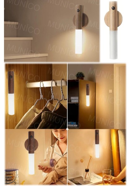 Bej LED USB Kablosuz Ahşap Sopa Gece Lambası Hareket Sensörlü, Koridor ve Dolap Işığı