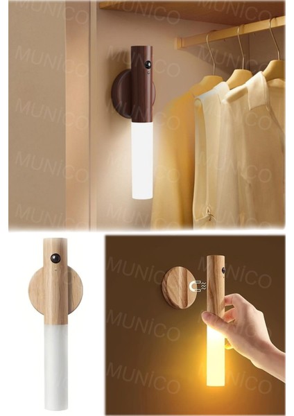 Bej LED USB Kablosuz Ahşap Sopa Gece Lambası Hareket Sensörlü, Koridor ve Dolap Işığı