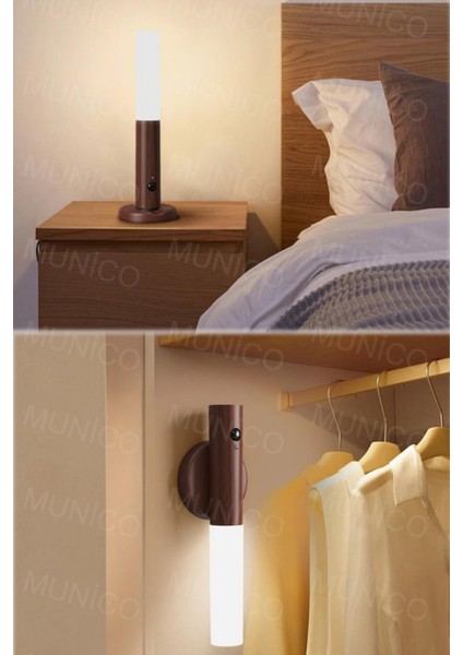 Bej LED USB Kablosuz Ahşap Sopa Gece Lambası Hareket Sensörlü, Koridor ve Dolap Işığı