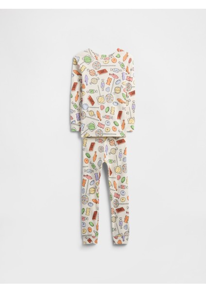 Bebek Krem %100 Organik Pamuklu Desenli Pijama Takımı