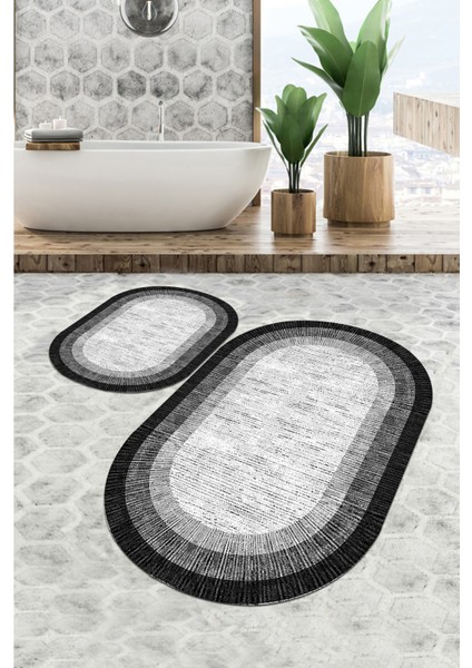 Gri Siyah Beyaz Şerit Desenli Su Emici Banyo Paspas Takımı