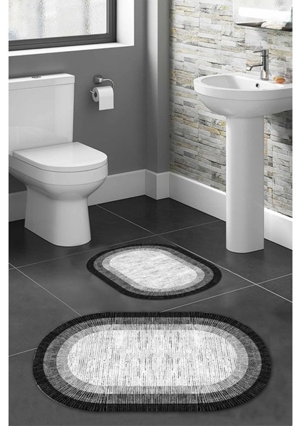 Gri Siyah Beyaz Şerit Desenli Su Emici Banyo Paspas Takımı modelleri
