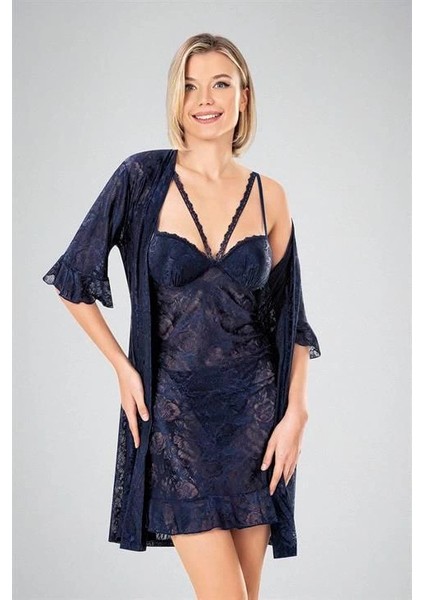 Amorasecret Lacivert Dantel Işlemeli 2'li Sabahlık Takımı