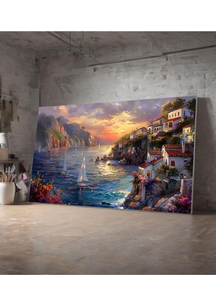 Kanvas Tablo Dağ Eteklerinde Beyaz Evler Dekoratif Kanvas Tablo 50 x 70