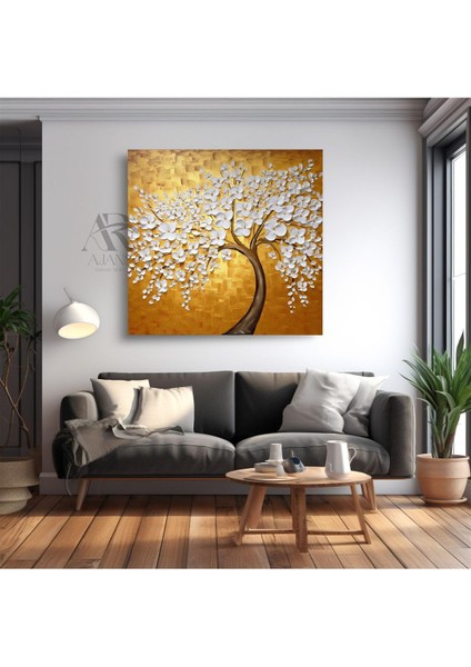 Kanvas Tablo Bahar Ağacı Sarı Arka Temalı Dekoratif Kanvas Tablo 60 x 60