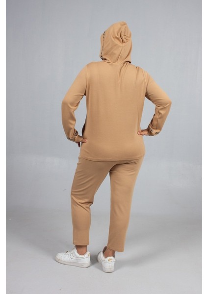 Taş Işıltılı Kapşonlu Büyük Beden Eşofman Takımı Kahve fırsatları