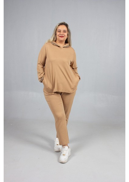 Taş Işıltılı Kapşonlu Büyük Beden Eşofman Takımı Kahve indirimleri