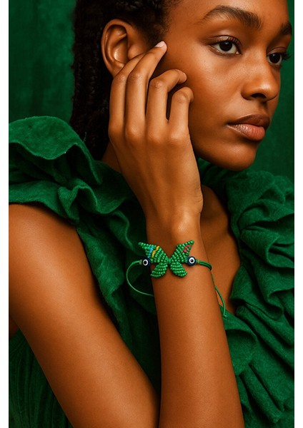 Kelebek Desenli Makrome Bileklik – Yeşil & Nazar Boncuğu Detaylı fiyatları